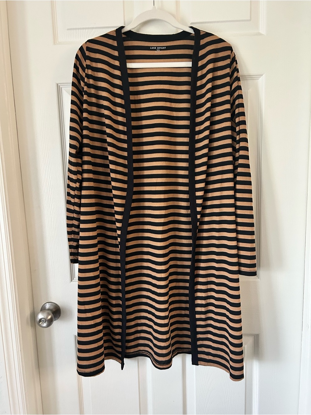 Lane Bryant Black and Tan Striped Open-Front Cardigan